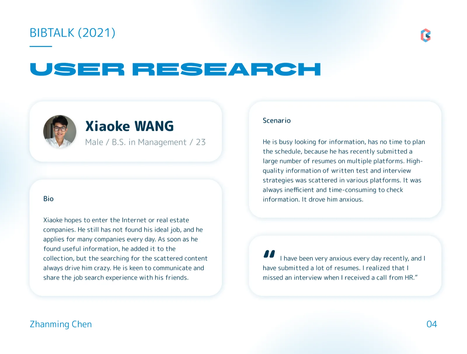 Persona card: Xiaoke Wang, 23, B.S. in Management, with bio, scenario and a quote about a missed interview