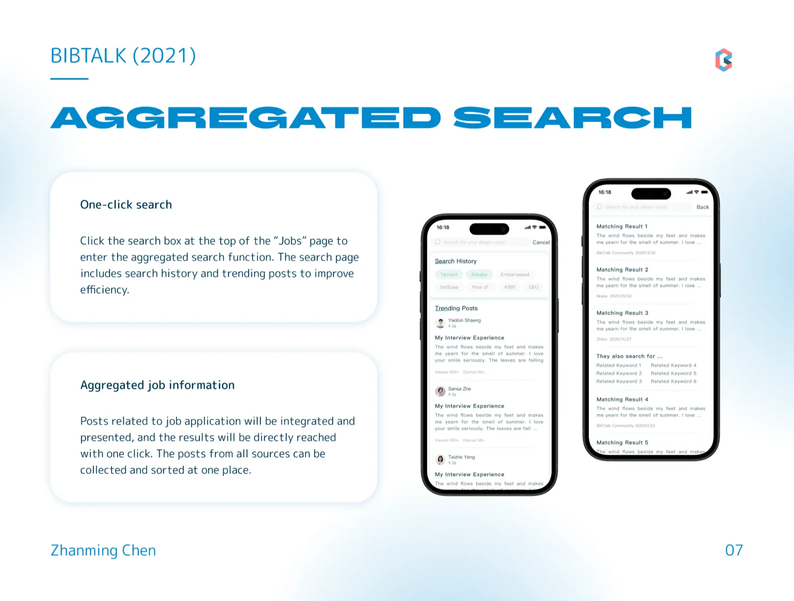 Two screens: a search page with history tags and trending posts, and a results list drawing on several sources