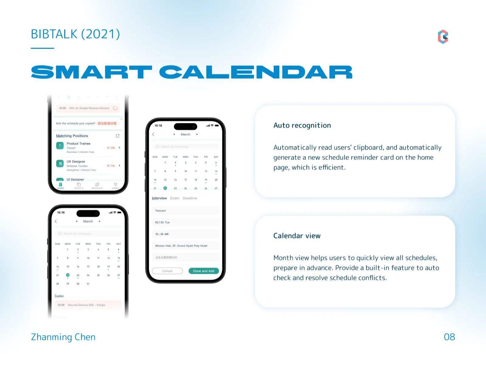 Three phone screens: a home-page prompt to add a copied schedule, a March month view, and an interview entry form