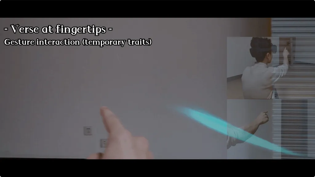 A pointing finger leaves a glowing cyan trail in mid-air; insets show the user drawing with the headset on
