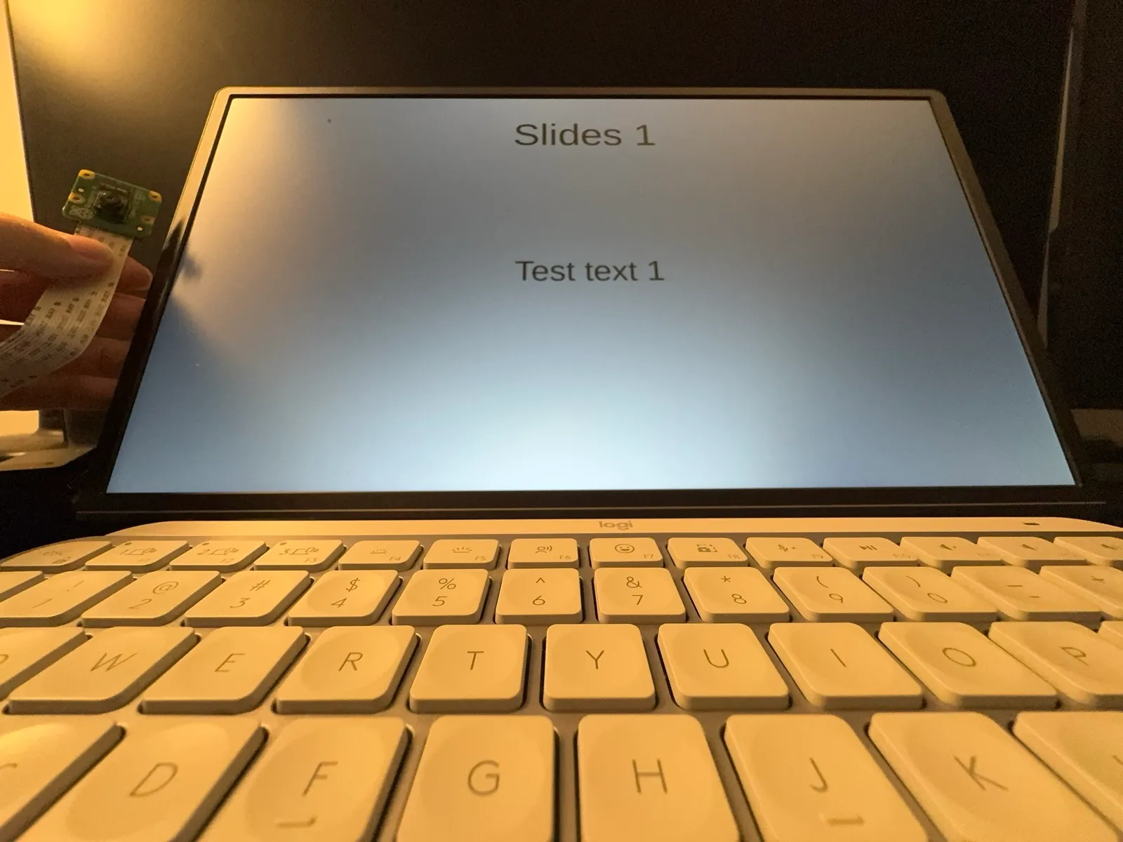 Monitor showing a full-screen test slide, Slides 1, while a hand at left holds the camera module
