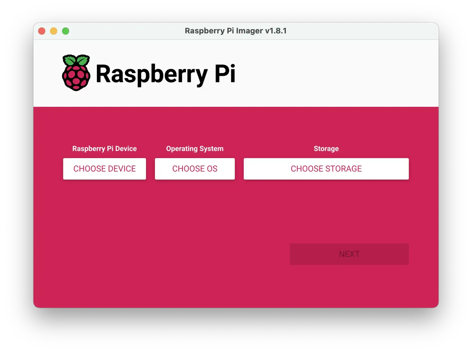Raspberry Pi Imager v1.8.1 window with Choose Device, Choose OS and Choose Storage buttons